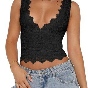 Womens Sexy V-Neck Sleeveless Double Lined Going Out Y2K Trendy Lace Cropped Tan